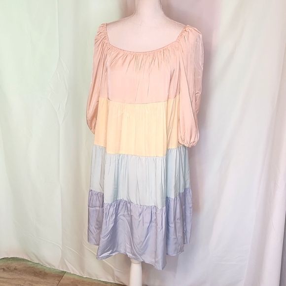 Pastel multicolor tiered dress 3/4 sleeve L XL pink yellow green blue prariecore - Picture 2 of 16